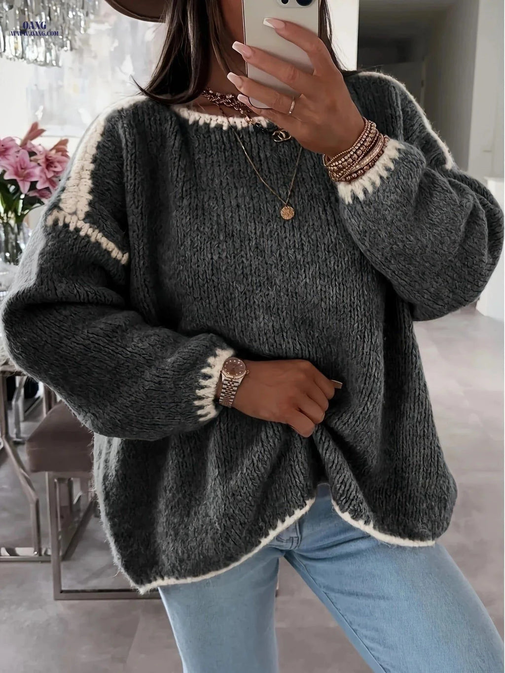 OAXG Solid Boat Neck Pullover Sweater - Casual Color Block Design   OAXG White / S