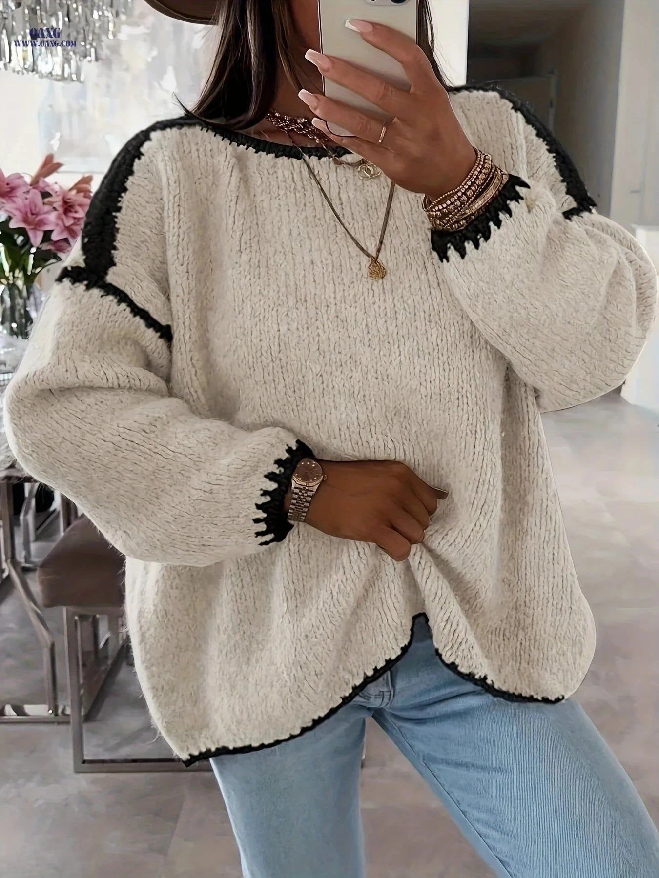 OAXG Solid Boat Neck Pullover Sweater - Casual Color Block Design   OAXG White / S