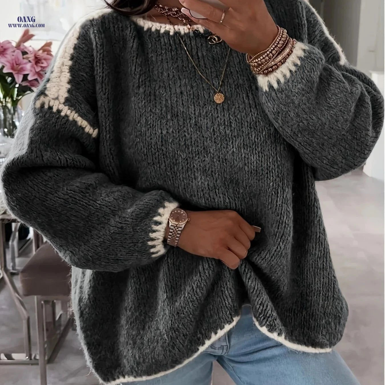 OAXG Solid Boat Neck Pullover Sweater - Casual Color Block Design   OAXG White / S