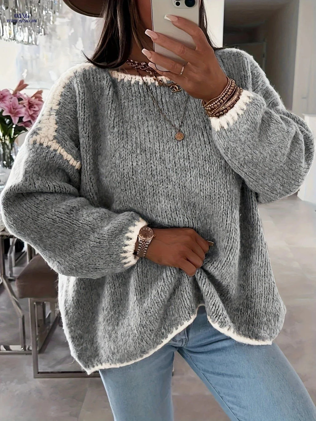 OAXG Solid Boat Neck Pullover Sweater - Casual Color Block Design   OAXG White / S