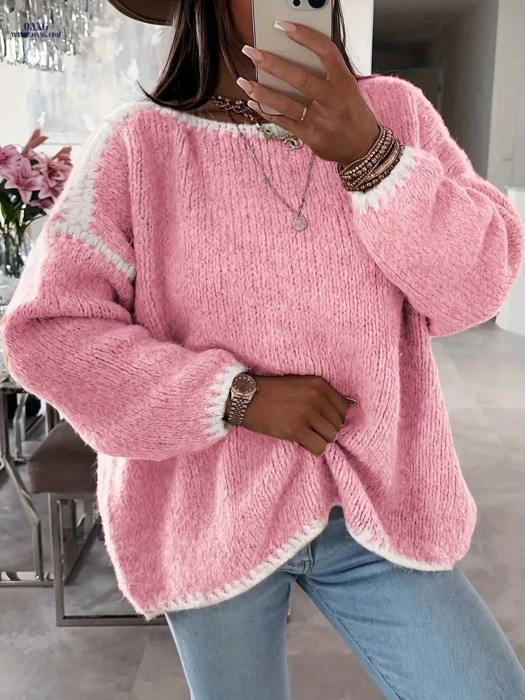 OAXG Solid Boat Neck Pullover Sweater - Casual Color Block Design   OAXG White / S