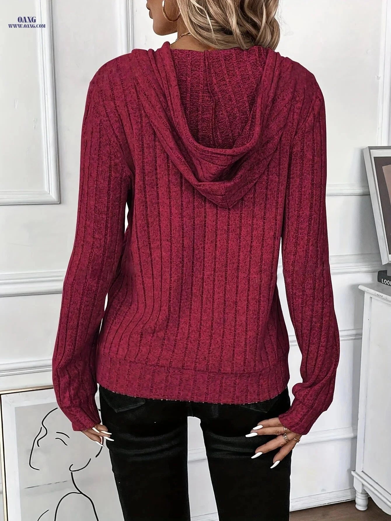 OAXG Solid Color Drawstring Hooded Sweatshirt - Elegant Fall Fashion   OAXG Red / S