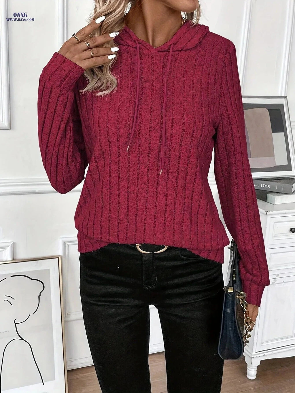 OAXG Solid Color Drawstring Hooded Sweatshirt - Elegant Fall Fashion   OAXG Red / S