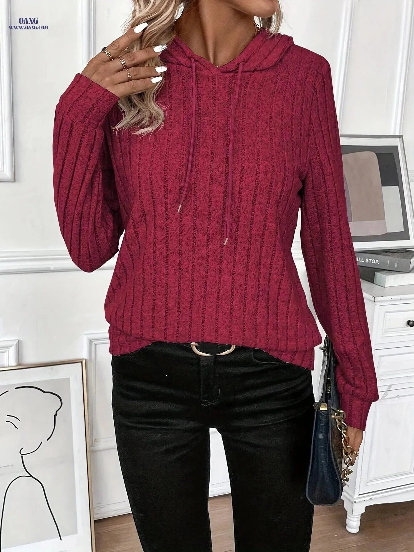 OAXG Solid Color Drawstring Hooded Sweatshirt - Elegant Fall Fashion   OAXG Red / S