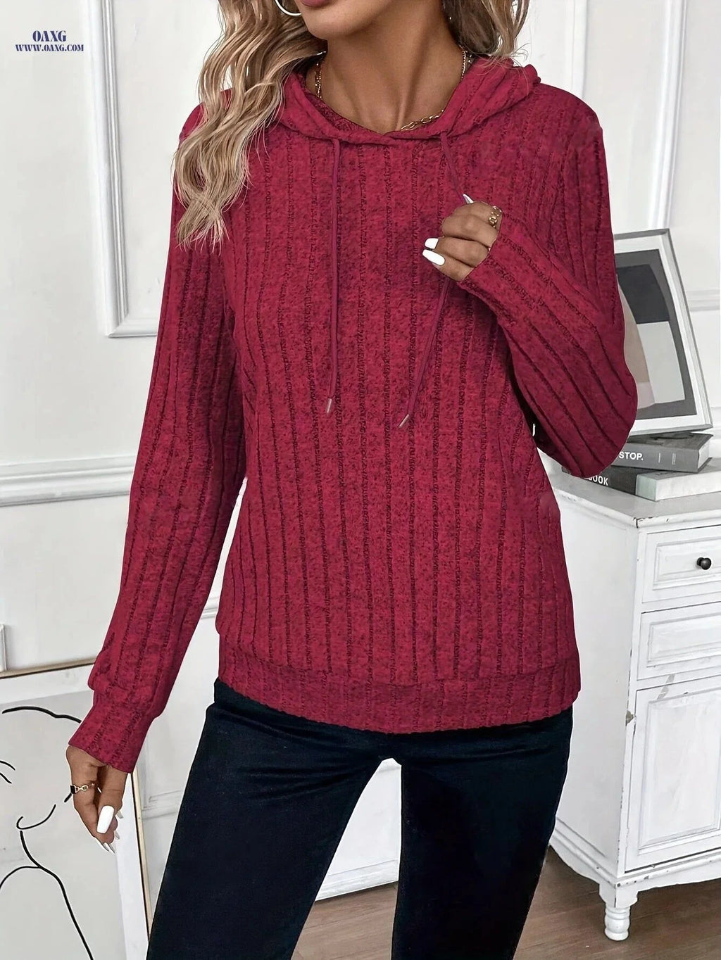 OAXG Solid Color Drawstring Hooded Sweatshirt - Elegant Fall Fashion   OAXG Red / S