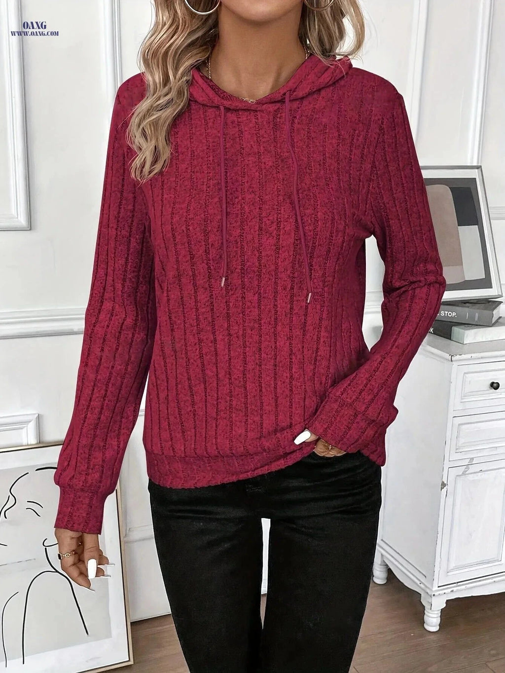 OAXG Solid Color Drawstring Hooded Sweatshirt - Elegant Fall Fashion   OAXG Red / S