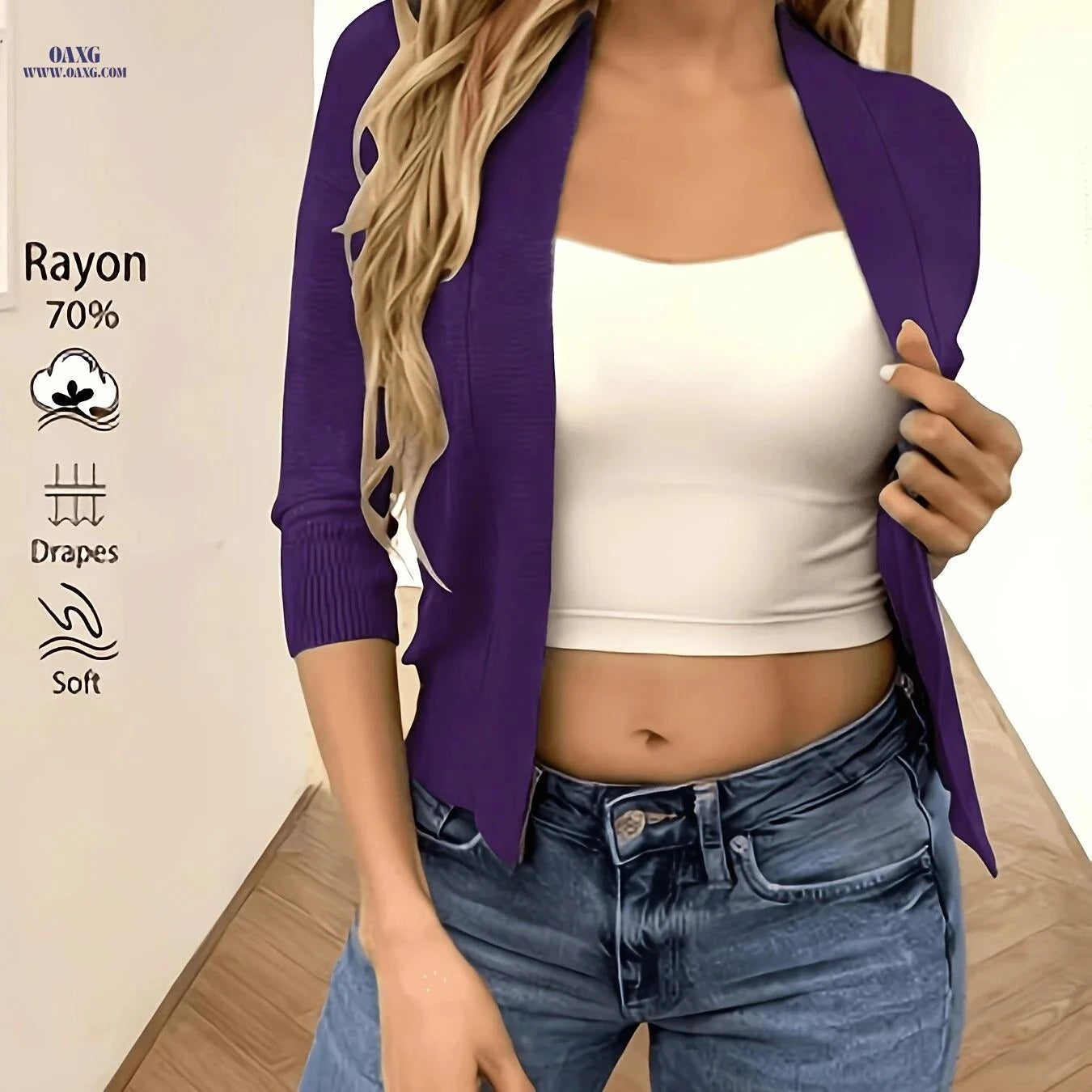 OAXG Solid Color Open Front Knit Cardigan - Casual 3/4 Sleeve   OAXG Deep Purple / XS