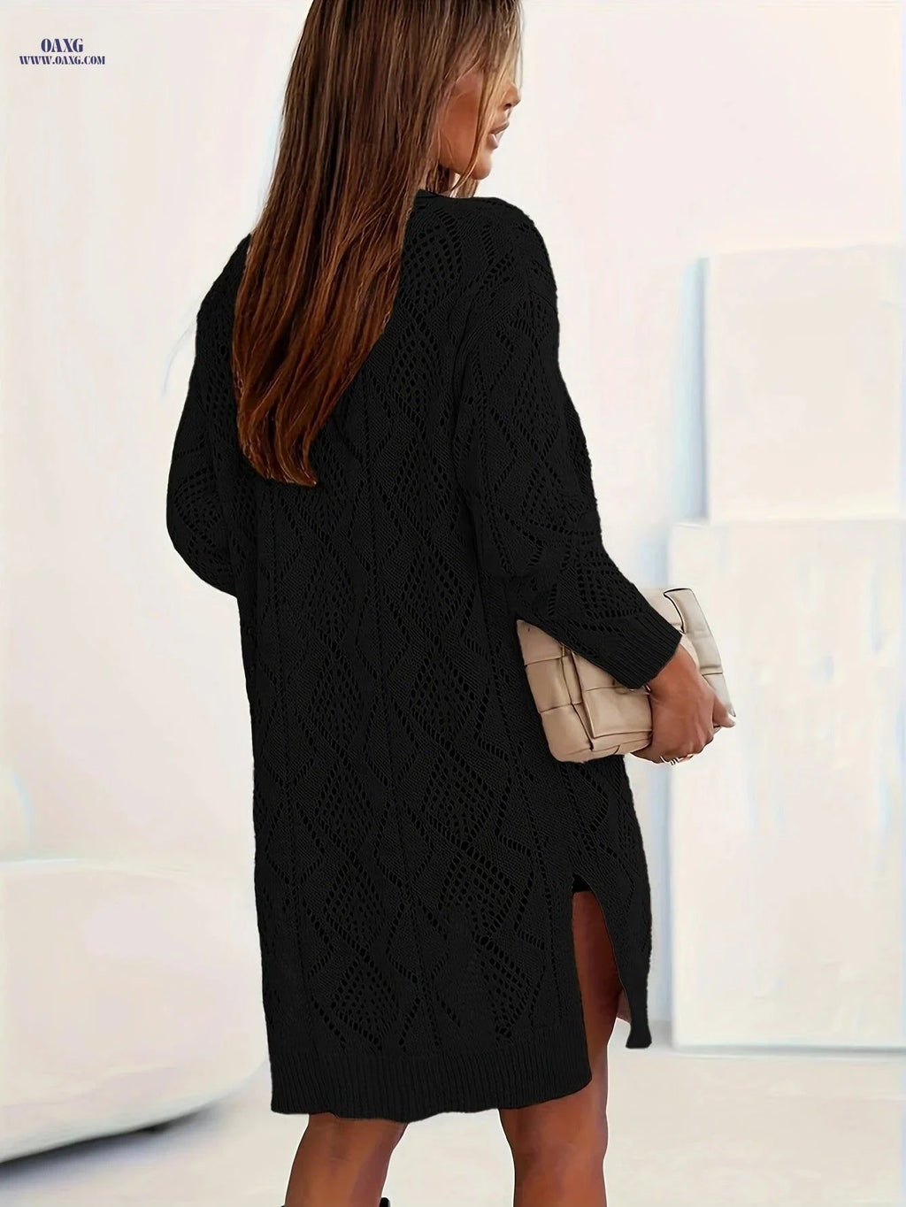 OAXG Solid Pointelle Cardigan - Elegant Long Sleeve Women’s Style   OAXG Khaki / XS