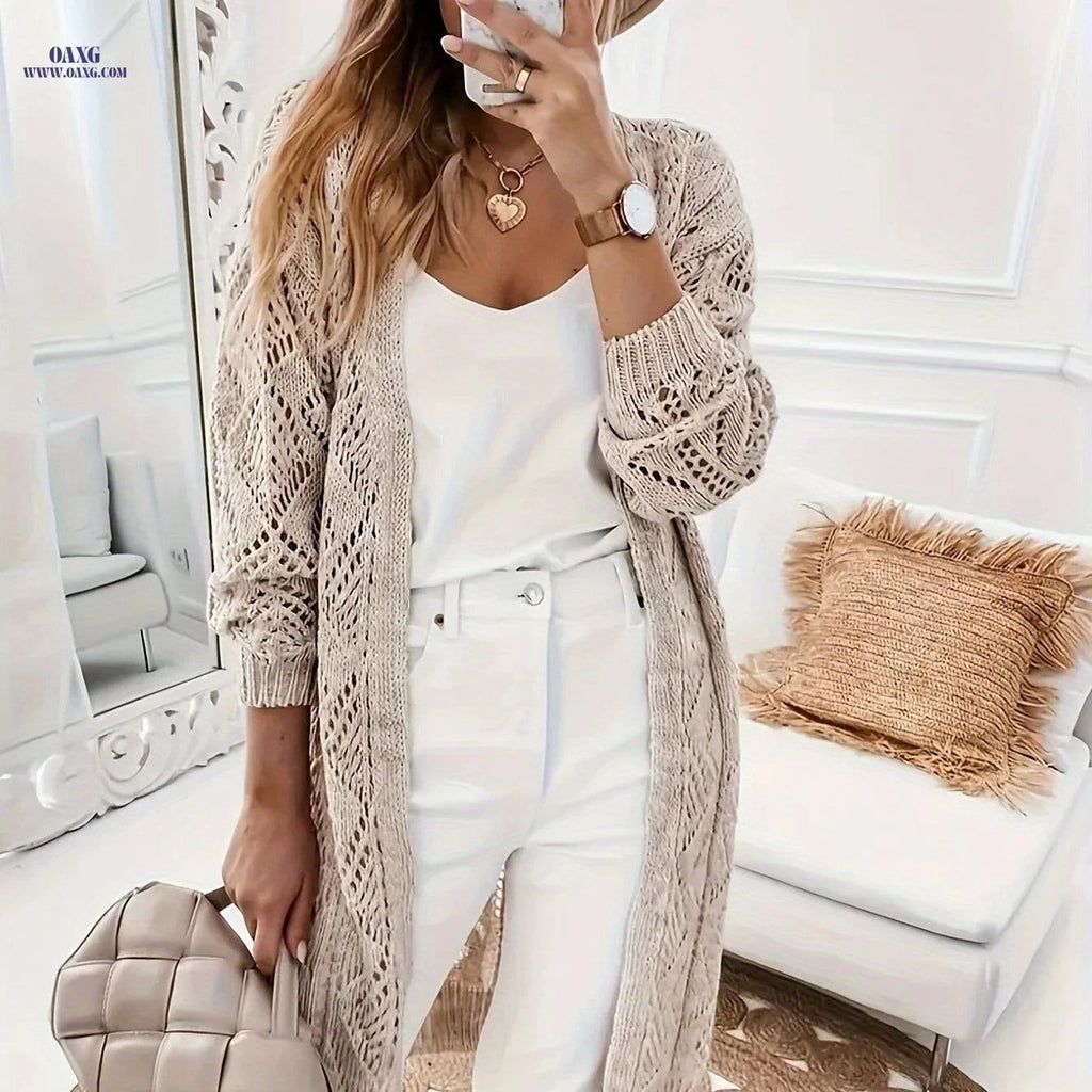 OAXG Solid Pointelle Cardigan - Elegant Long Sleeve Women’s Style   OAXG Khaki / XS