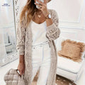 OAXG Solid Pointelle Cardigan - Elegant Long Sleeve Women’s Style   OAXG Khaki / XS