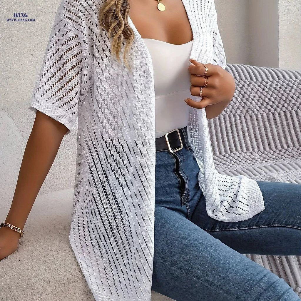 OAXG Spring-Summer Hollow Cardigan - Lightweight & Stylish Knitwear   OAXG White / S