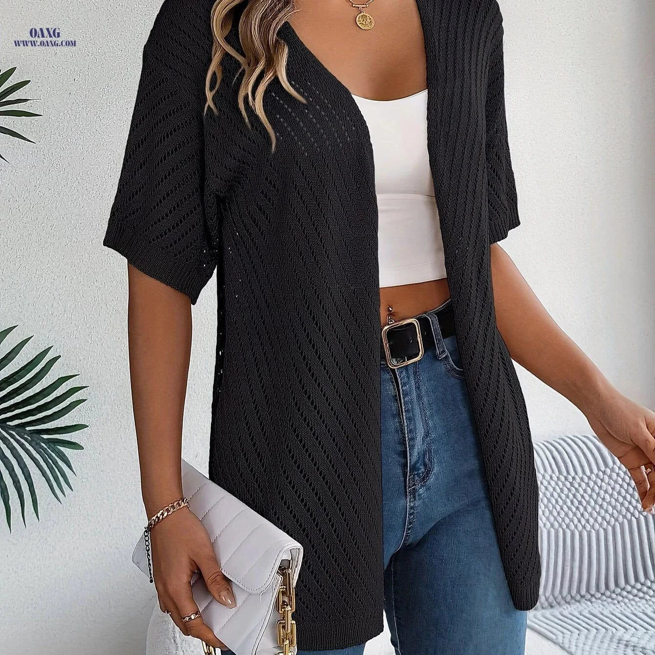 OAXG Spring-Summer Hollow Cardigan - Lightweight & Stylish Knitwear   OAXG White / S