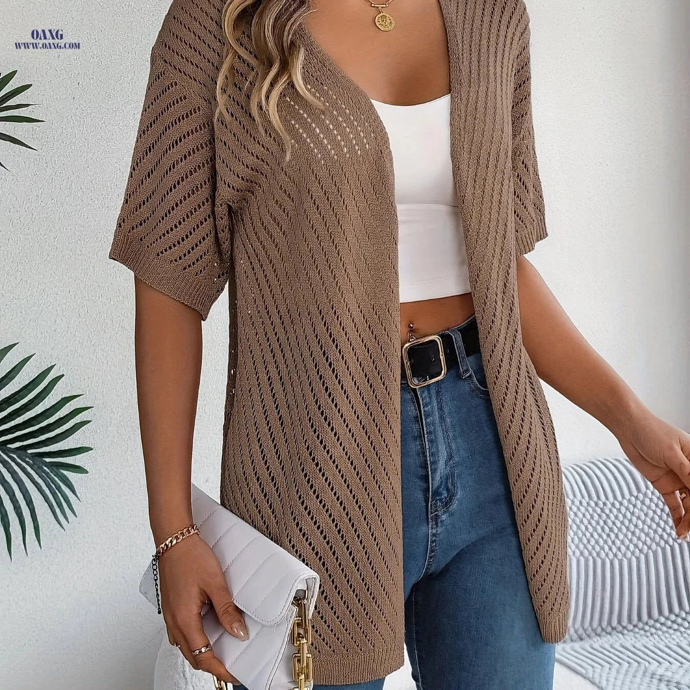OAXG Spring-Summer Hollow Cardigan - Lightweight & Stylish Knitwear   OAXG White / S