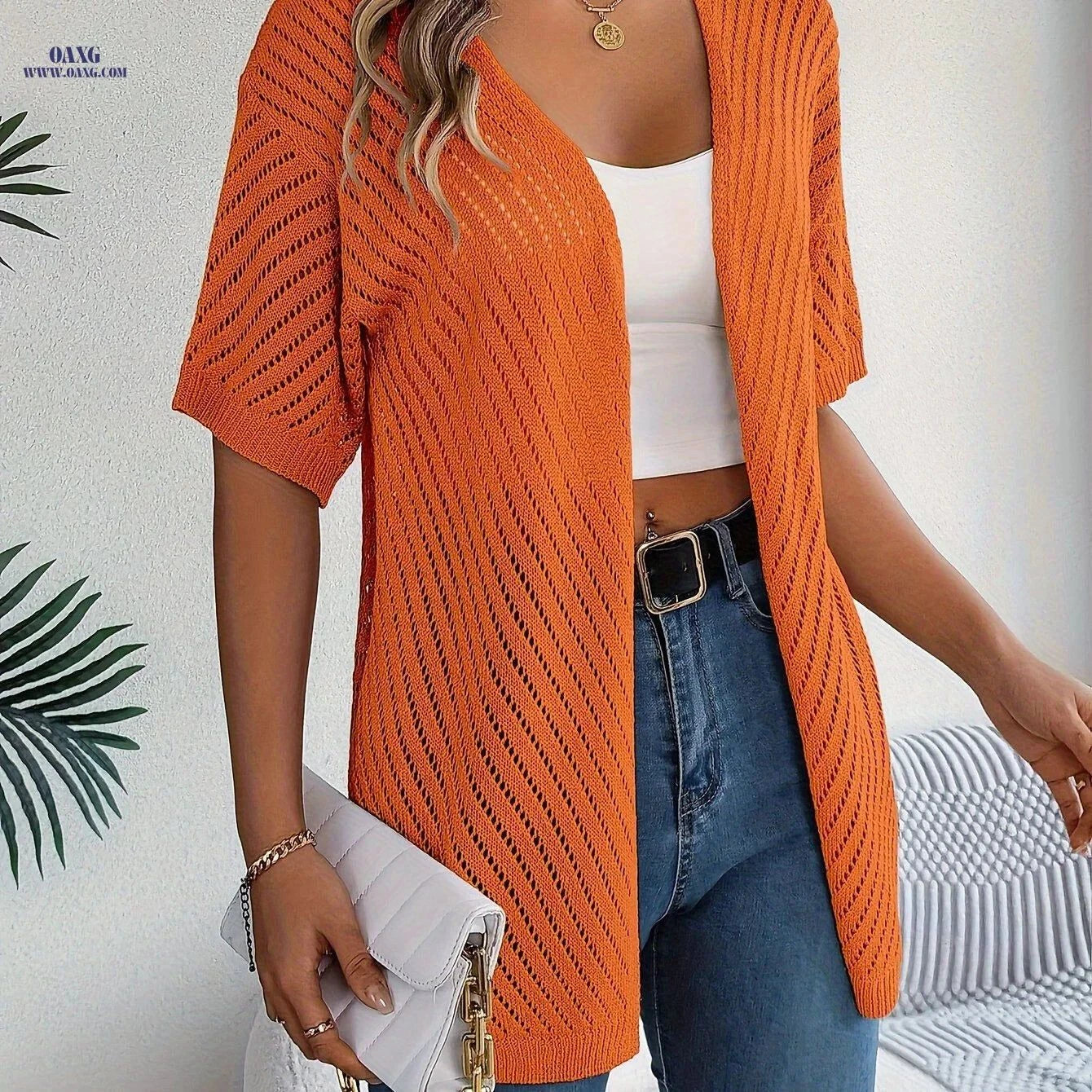 OAXG Spring-Summer Hollow Cardigan - Lightweight & Stylish Knitwear   OAXG White / S
