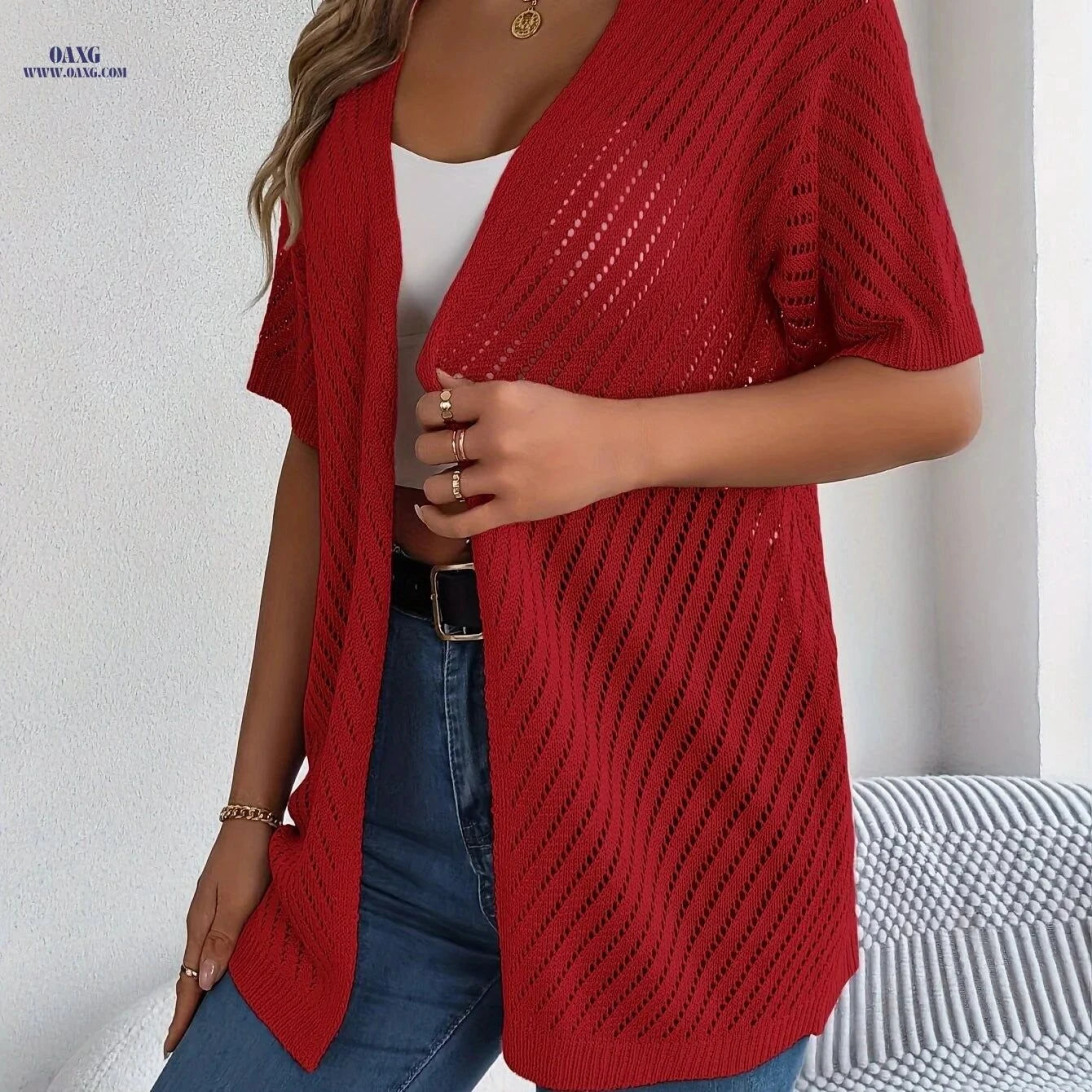 OAXG Spring-Summer Hollow Cardigan - Lightweight & Stylish Knitwear   OAXG White / S