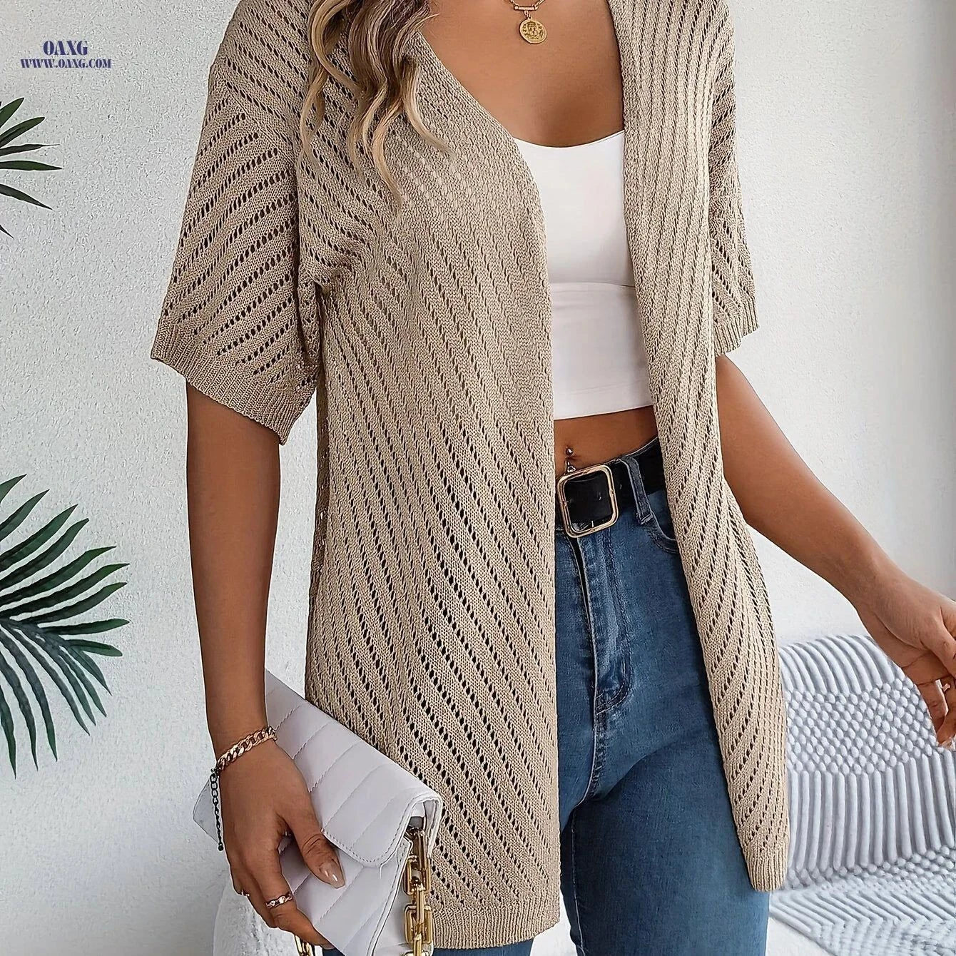 OAXG Spring-Summer Hollow Cardigan - Lightweight & Stylish Knitwear   OAXG White / S