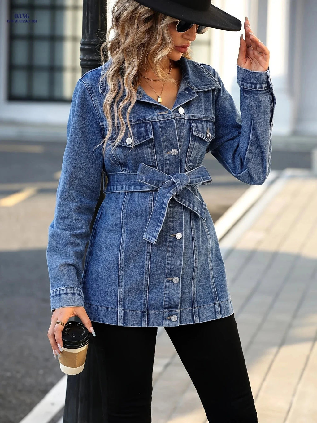 OAXG Square Shoulder Tie-Waist Denim Jacket for Spring/Fall Style   OAXG 