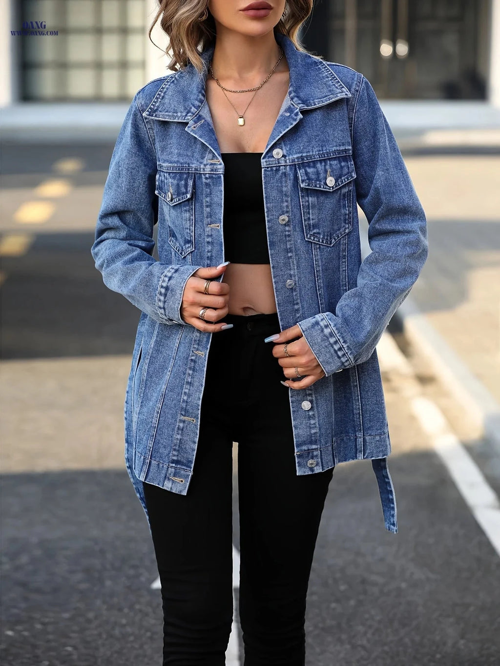 OAXG Square Shoulder Tie-Waist Denim Jacket for Spring/Fall Style   OAXG 