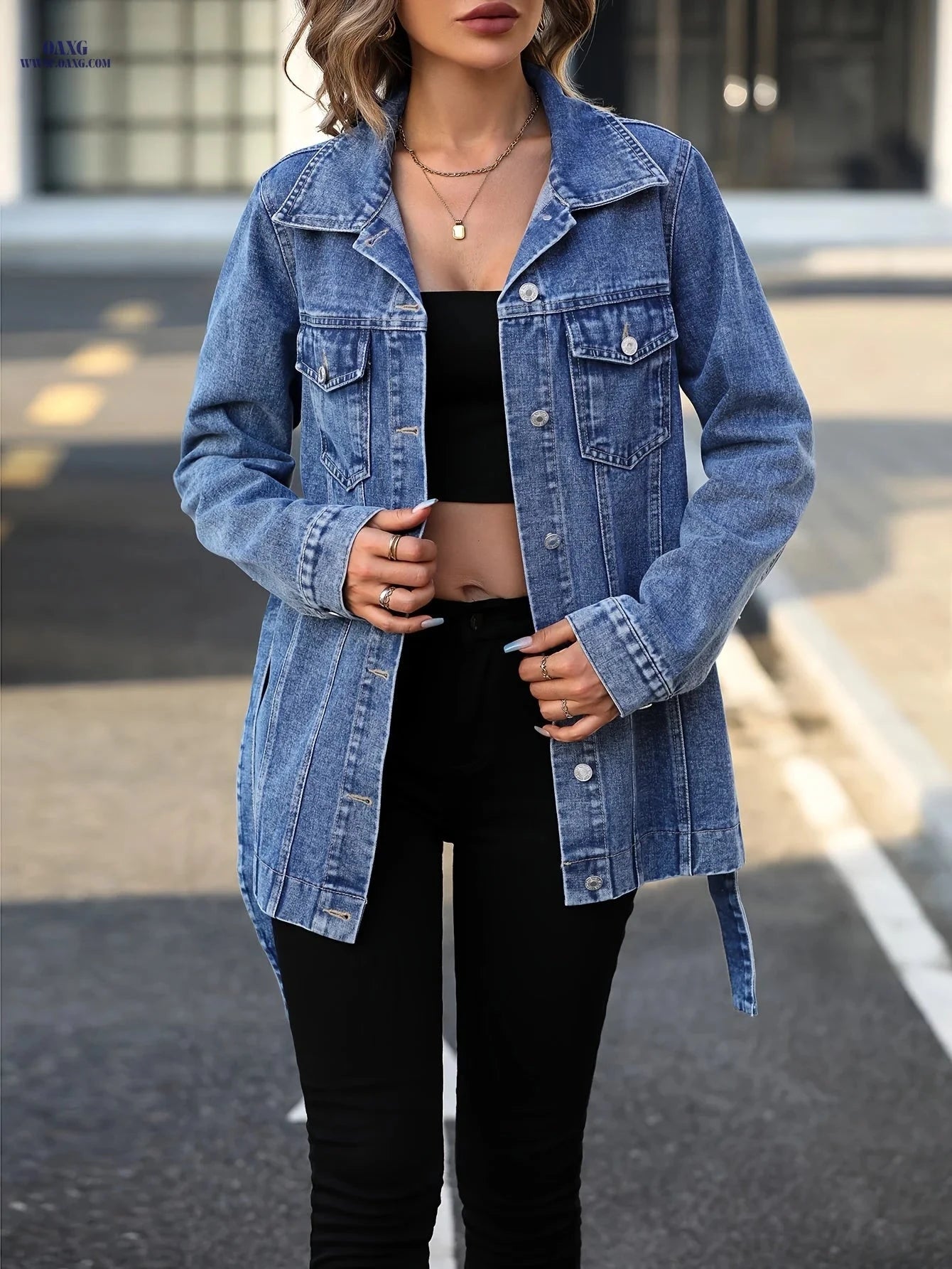 OAXG Square Shoulder Tie-Waist Denim Jacket for Spring/Fall Style   OAXG 