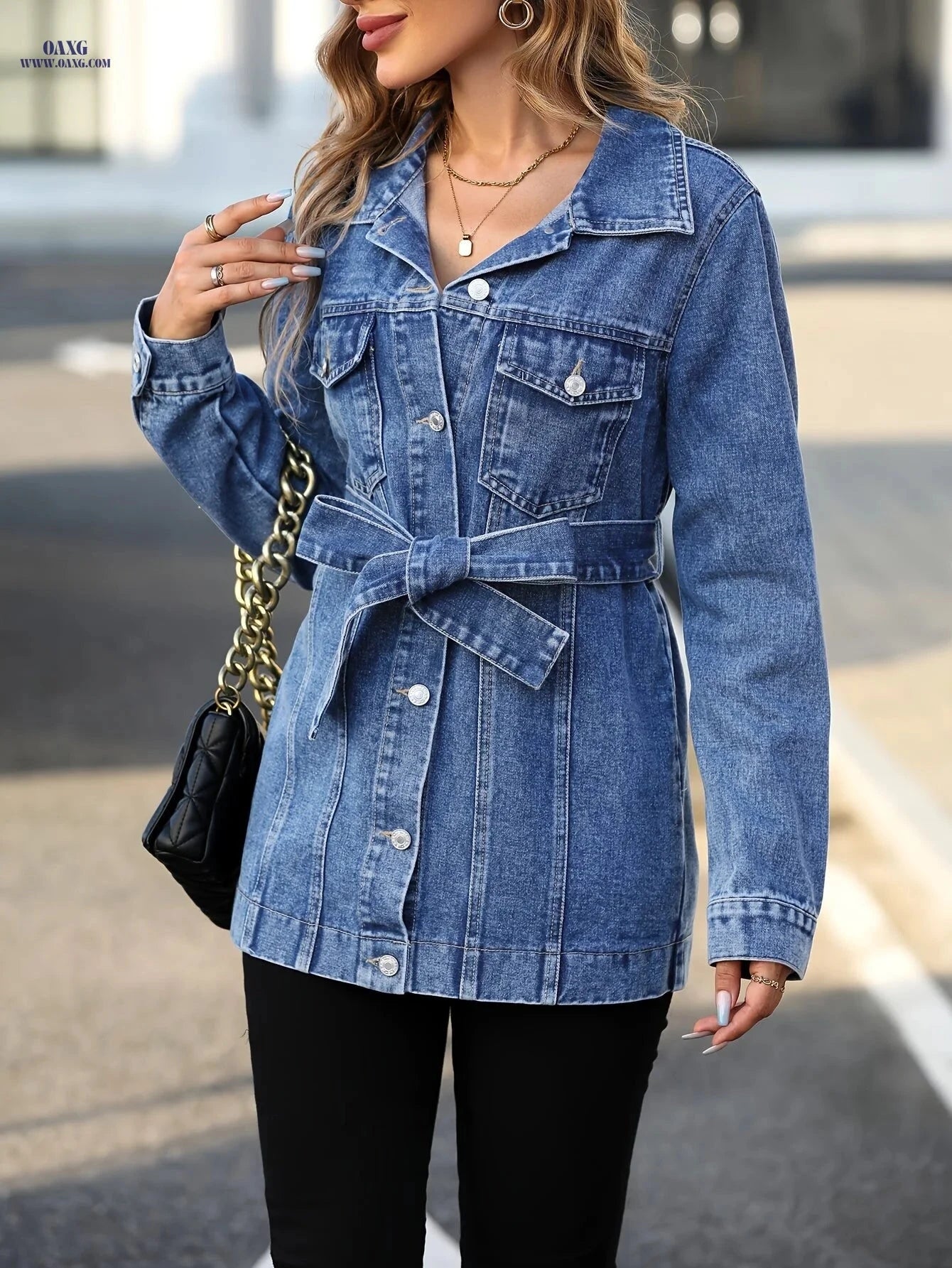 OAXG Square Shoulder Tie-Waist Denim Jacket for Spring/Fall Style   OAXG 