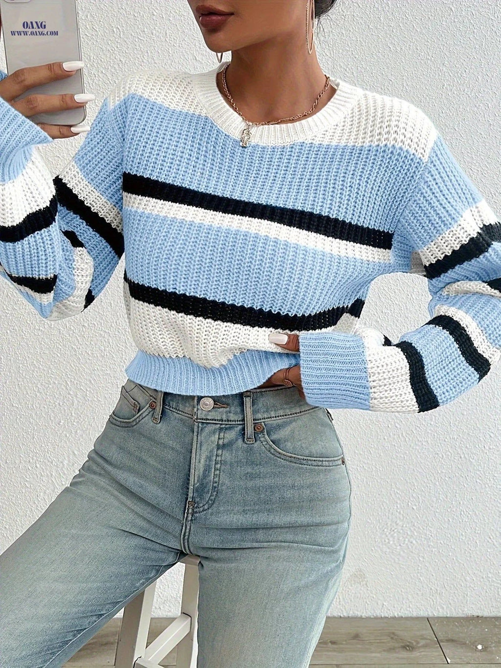 OAXG Striped Cropped Sweater - Casual Long Sleeve for Spring   OAXG Mixed colors / S
