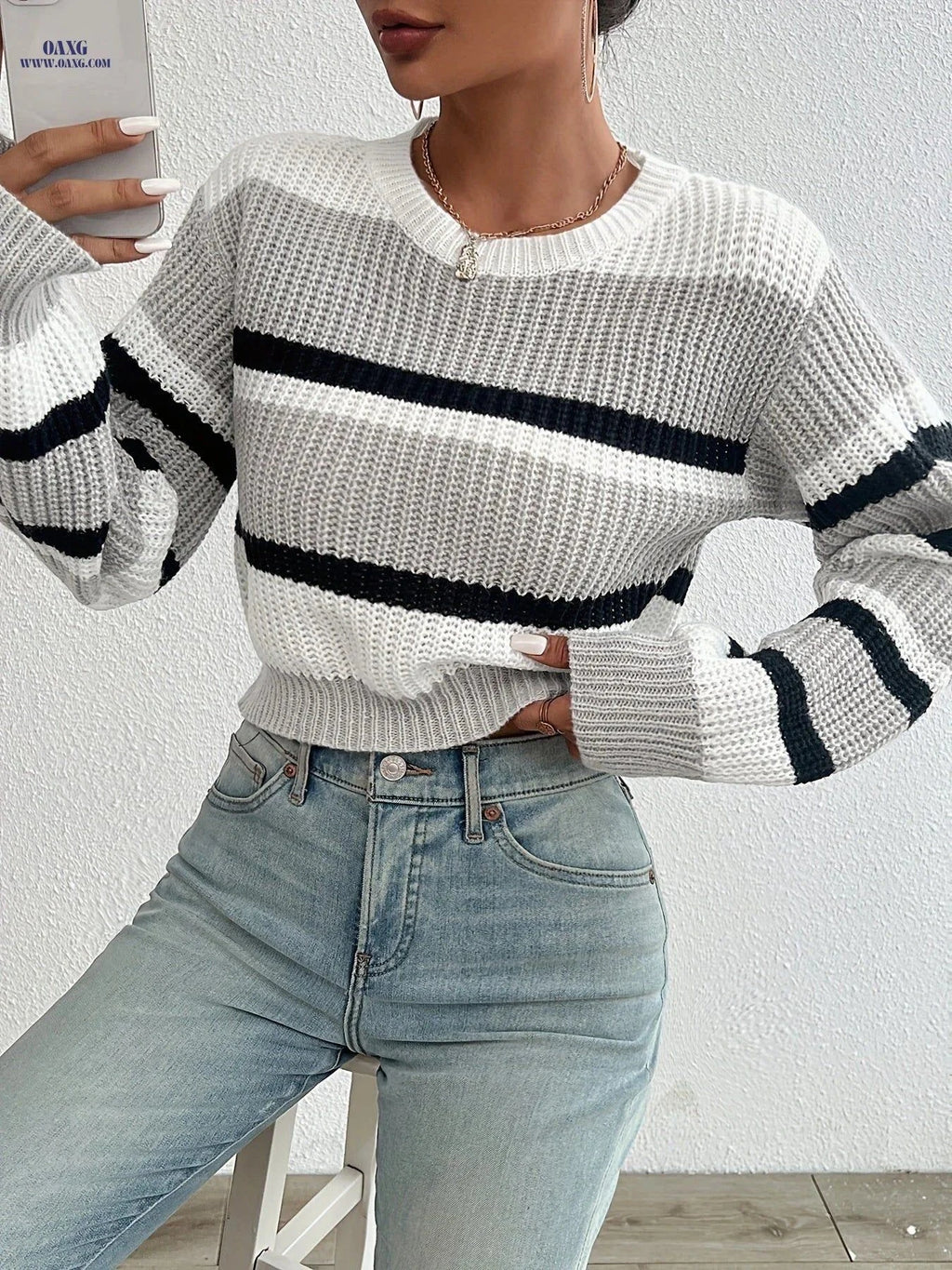 OAXG Striped Cropped Sweater - Casual Long Sleeve for Spring   OAXG Mixed colors / S