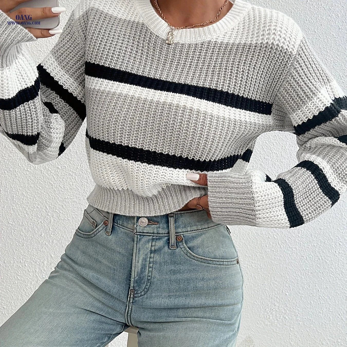 OAXG Striped Cropped Sweater - Casual Long Sleeve for Spring   OAXG Mixed colors / S
