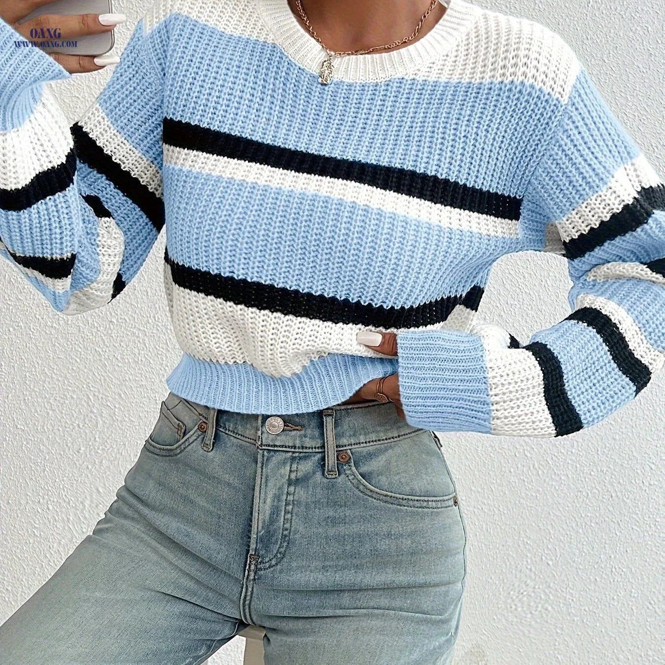 OAXG Striped Cropped Sweater - Casual Long Sleeve for Spring   OAXG Mixed colors / S