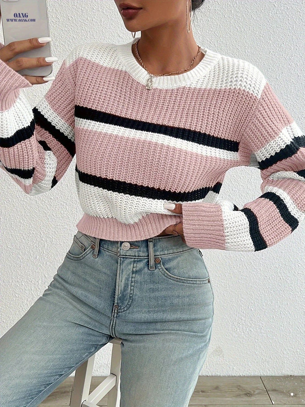 OAXG Striped Cropped Sweater - Casual Long Sleeve for Spring   OAXG Mixed colors / S