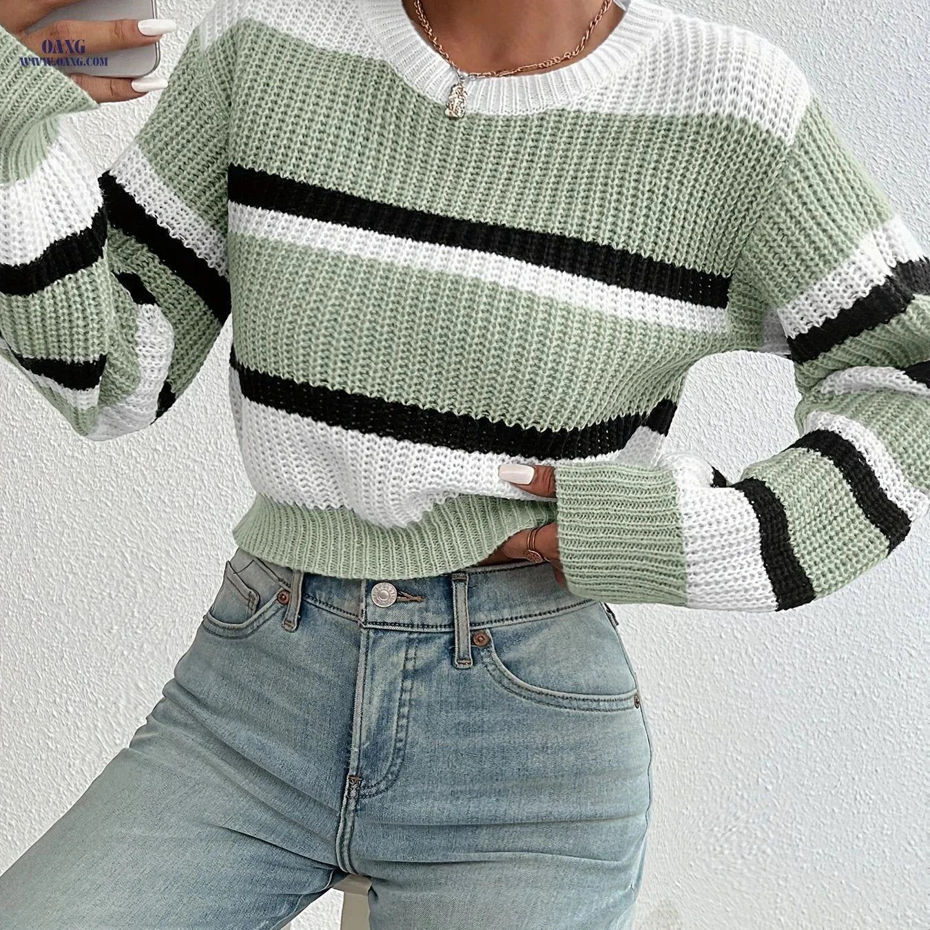 OAXG Striped Cropped Sweater - Casual Long Sleeve for Spring   OAXG Mixed colors / S