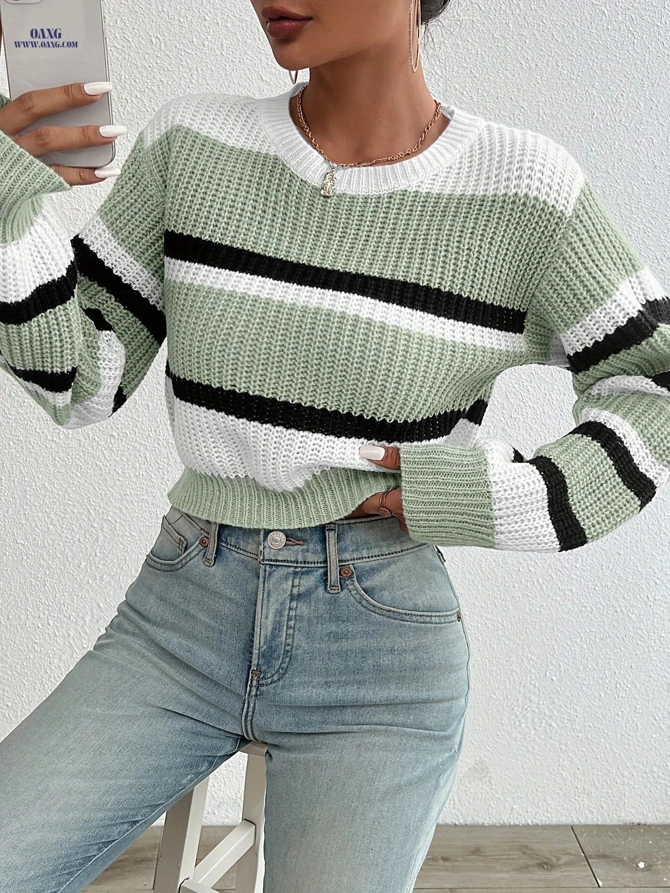 OAXG Striped Cropped Sweater - Casual Long Sleeve for Spring   OAXG Mixed colors / S