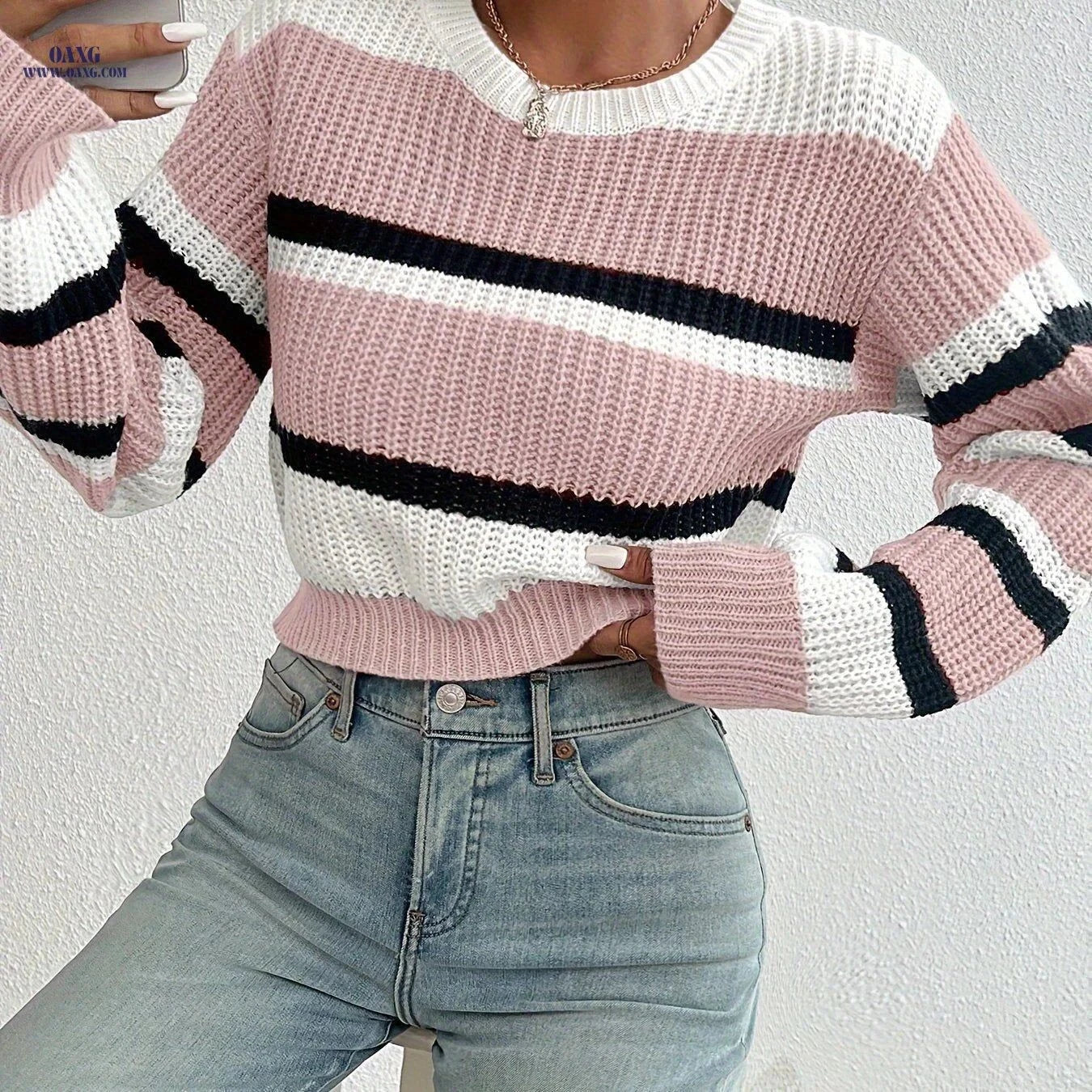 OAXG Striped Cropped Sweater - Casual Long Sleeve for Spring   OAXG Mixed colors / S