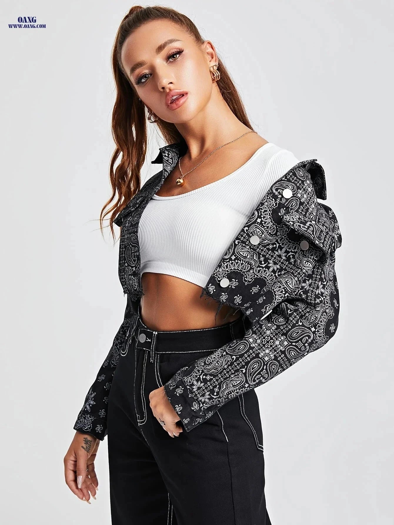 OAXG Stylish Paisley Patchwork Jacket - Slim Fit Denim Coat   OAXG 