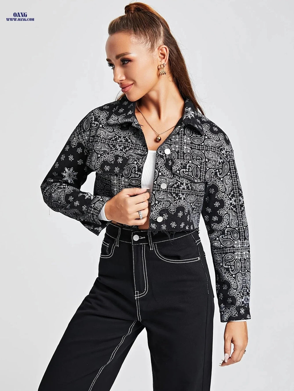 OAXG Stylish Paisley Patchwork Jacket - Slim Fit Denim Coat   OAXG 