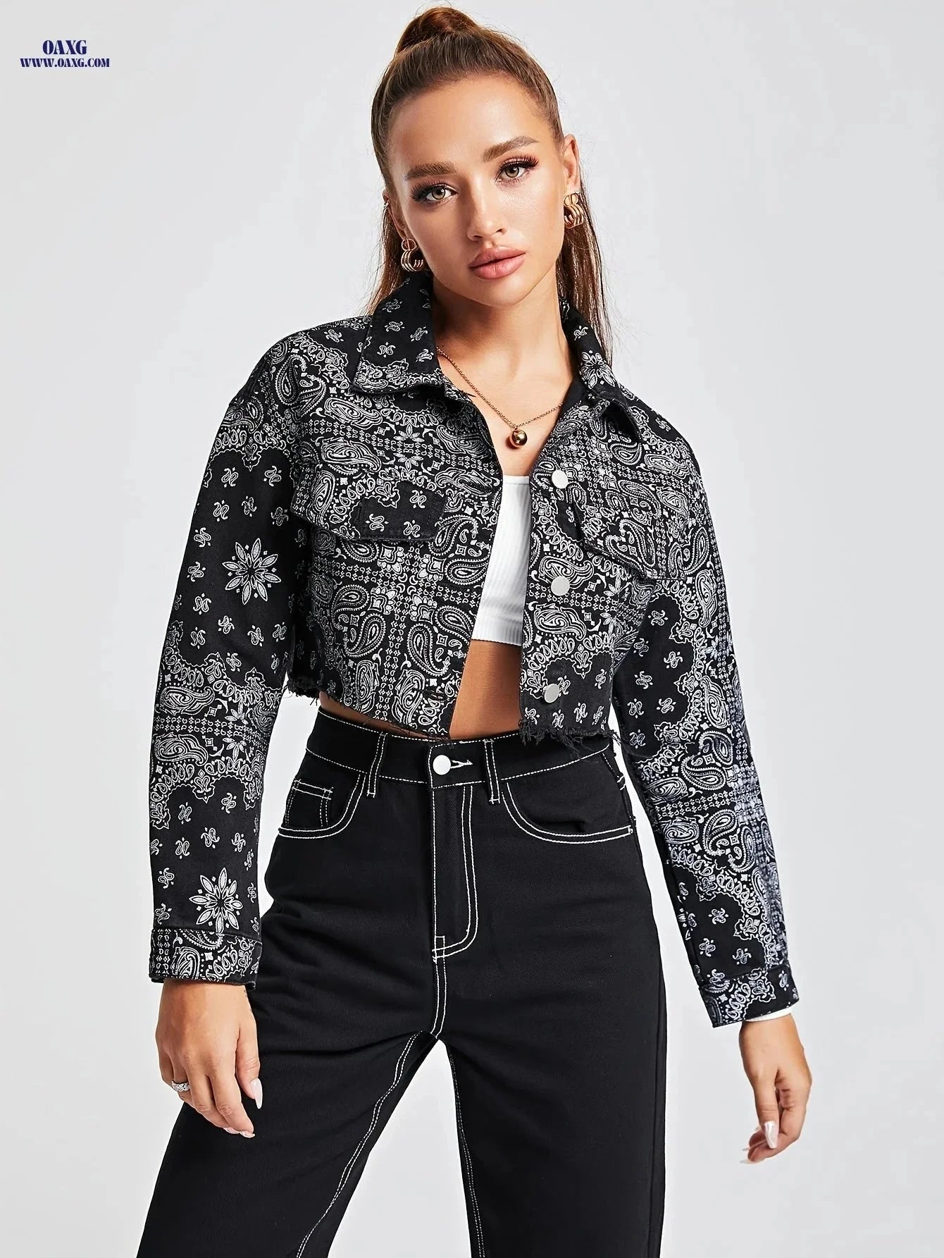 OAXG Stylish Paisley Patchwork Jacket - Slim Fit Denim Coat   OAXG 