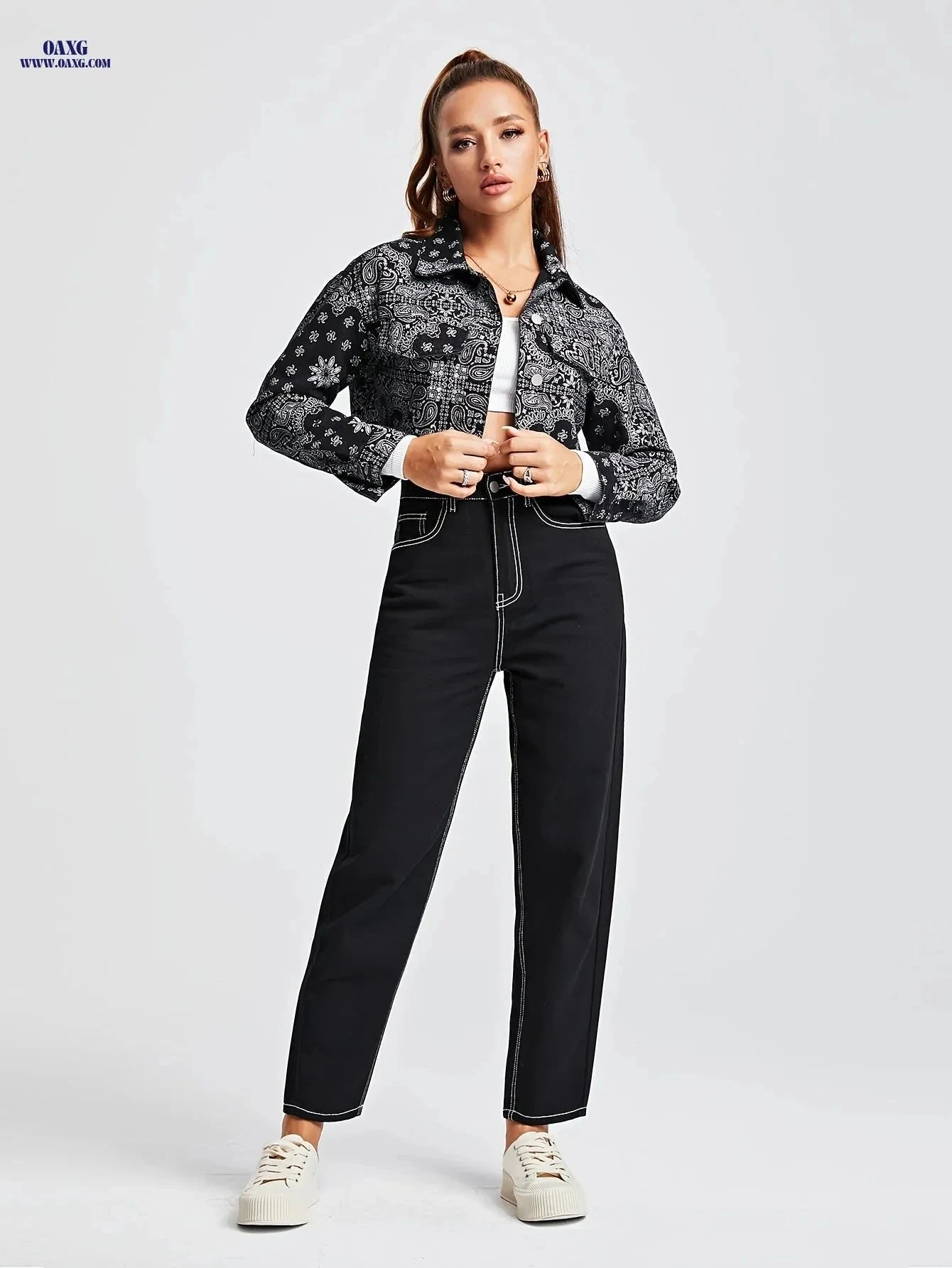 OAXG Stylish Paisley Patchwork Jacket - Slim Fit Denim Coat   OAXG 