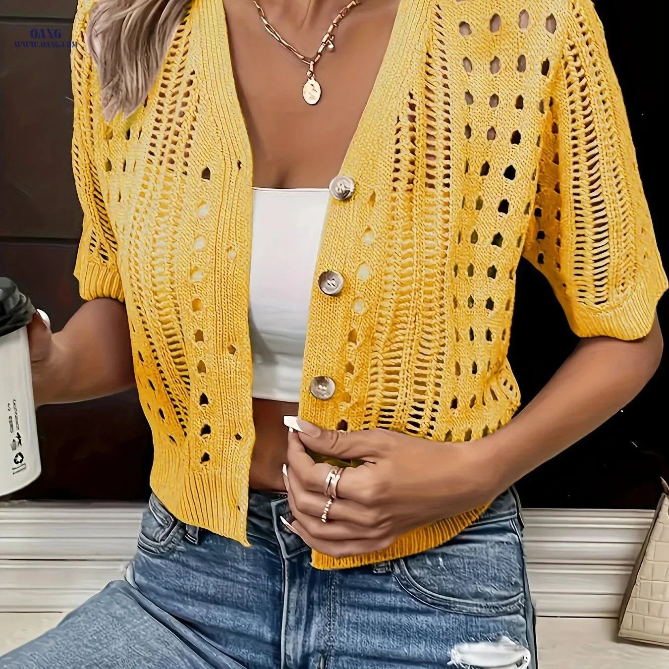 OAXG Stylish Short-Sleeve Cardigan - Elegant V-Neck for Spring   OAXG Apricot / S