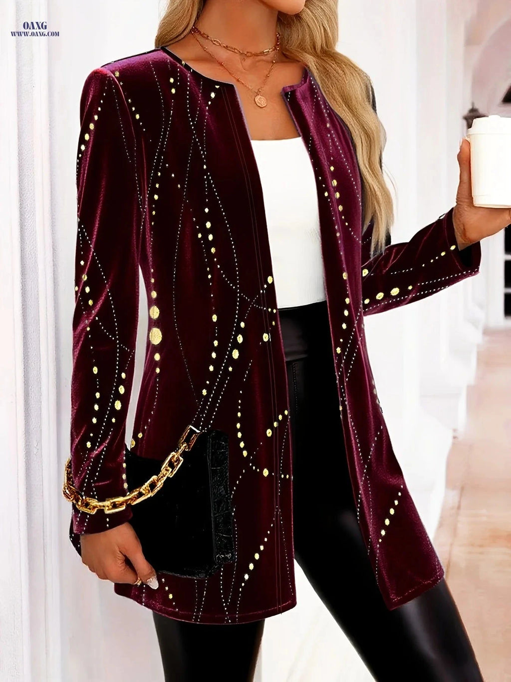 OAXG Velvet Long-Sleeved Cardigan Jacket - Star Eclipse Design   OAXG Navy Color / S