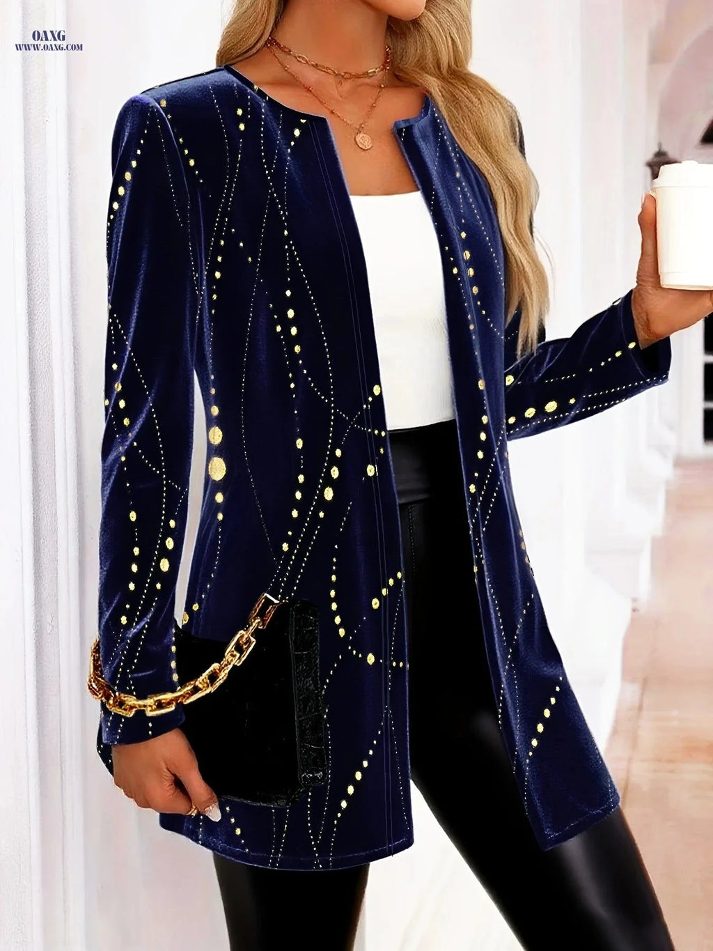 OAXG Velvet Long-Sleeved Cardigan Jacket - Star Eclipse Design   OAXG Navy Color / S