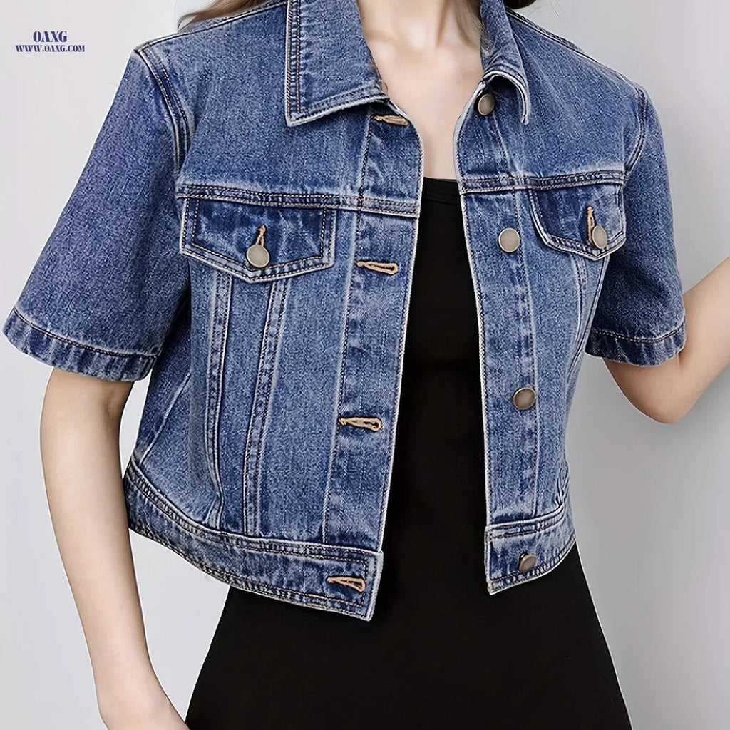 OAXG Vintage Denim Jacket - Short Sleeve, Lapel Design for Spring   OAXG 