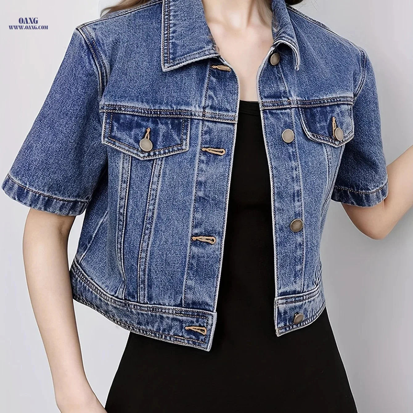 OAXG Vintage Denim Jacket - Short Sleeve, Lapel Design for Spring   OAXG 