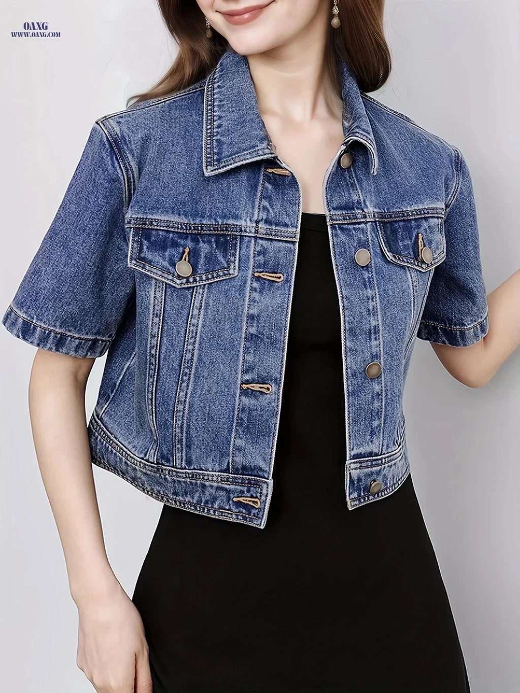 OAXG Vintage Denim Jacket - Short Sleeve, Lapel Design for Spring   OAXG 