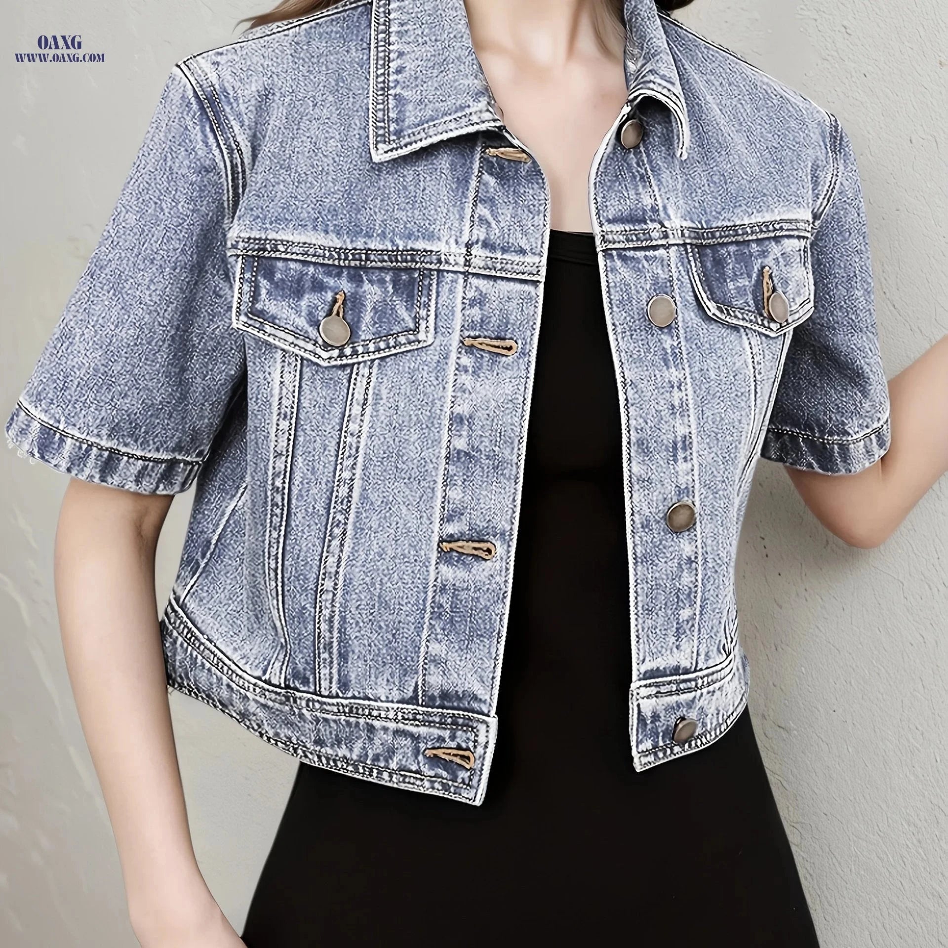 OAXG Vintage Denim Jacket - Short Sleeve, Lapel Design for Spring   OAXG 