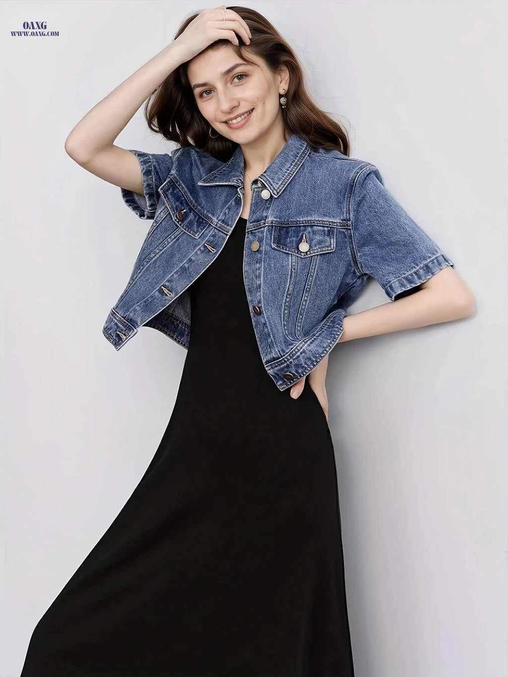 OAXG Vintage Denim Jacket - Short Sleeve, Lapel Design for Spring   OAXG 