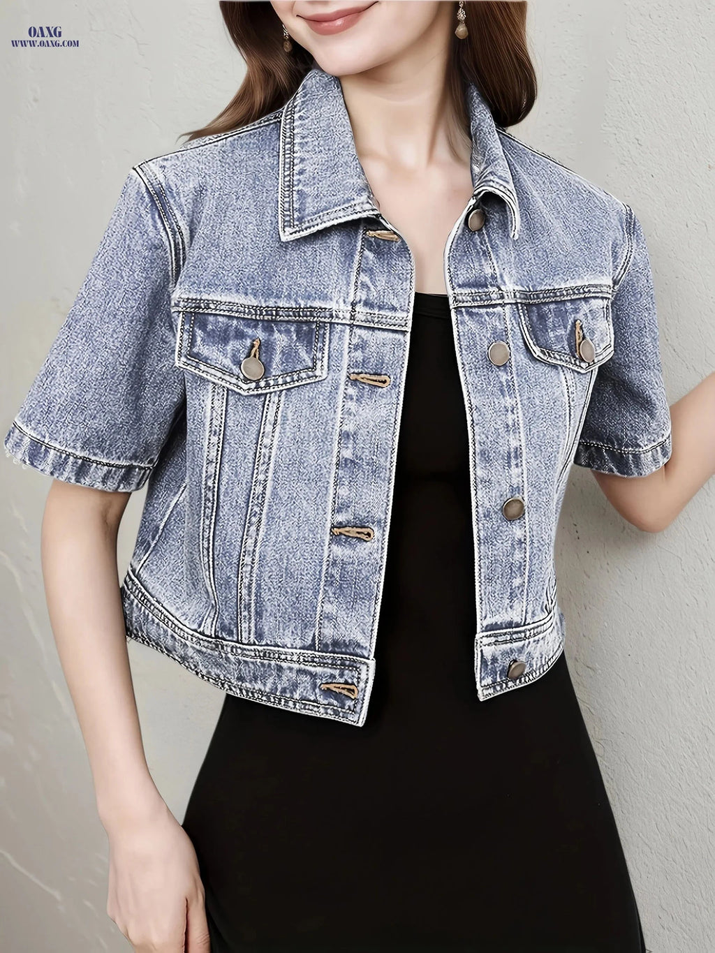 OAXG Vintage Denim Jacket - Short Sleeve, Lapel Design for Spring   OAXG 