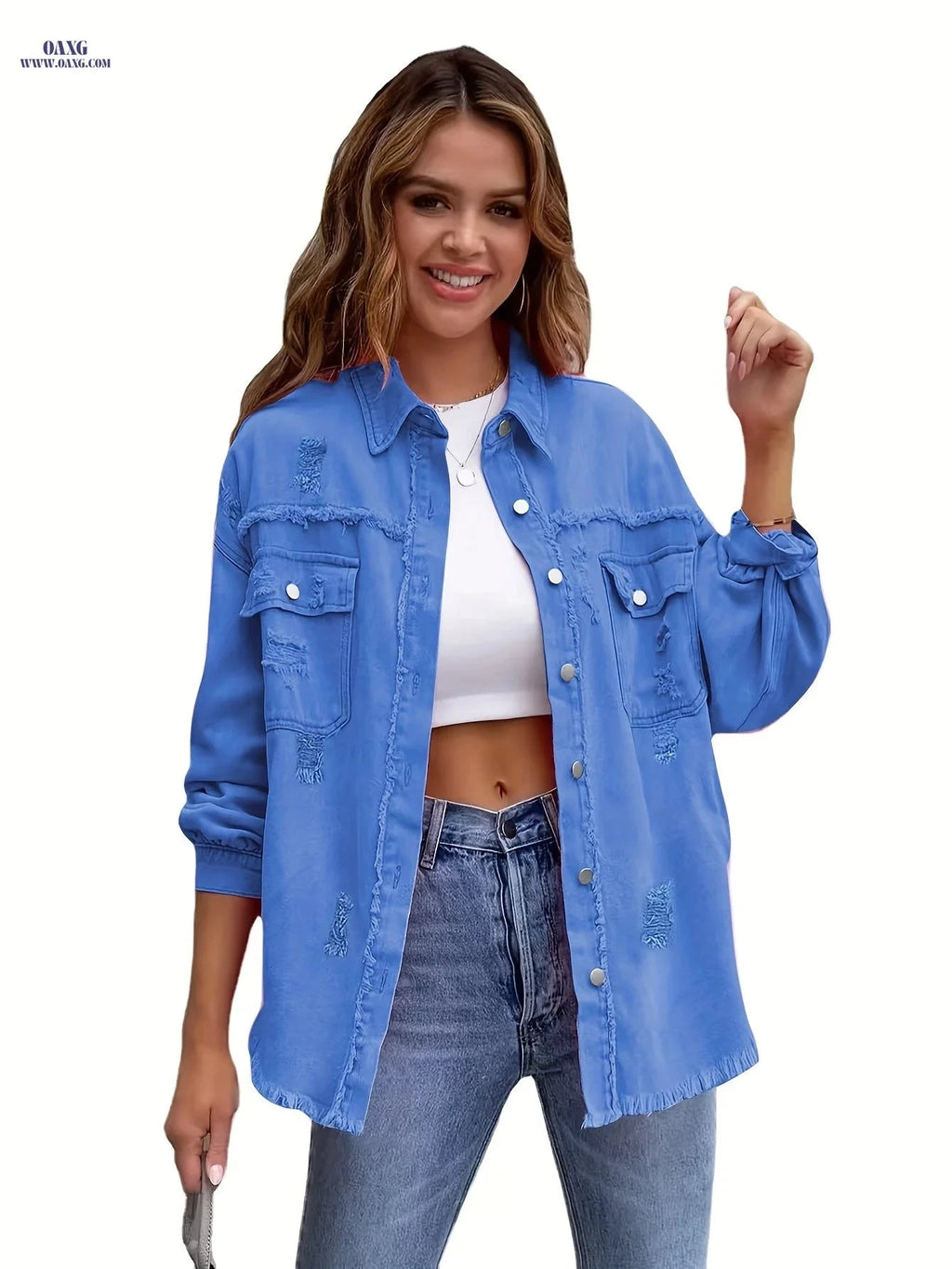 OAXG Vintage Ripped Denim Work Shirt - Long Sleeve Casual Top   OAXG 