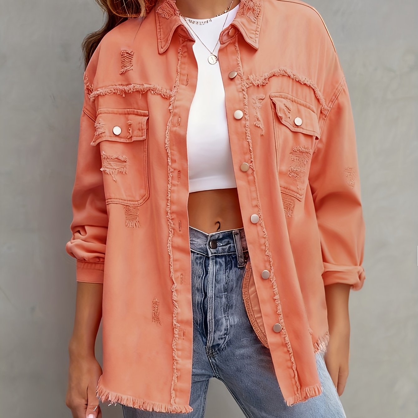 OAXG Vintage Ripped Denim Work Shirt - Long Sleeve Casual Top   OAXG 