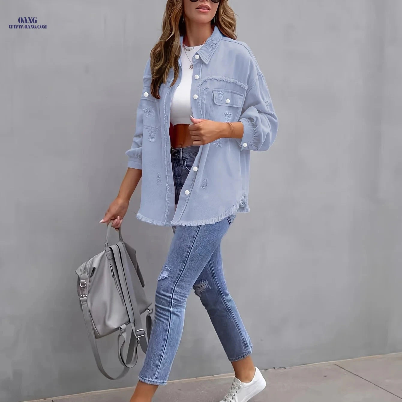 OAXG Vintage Ripped Denim Work Shirt - Long Sleeve Casual Top   OAXG 