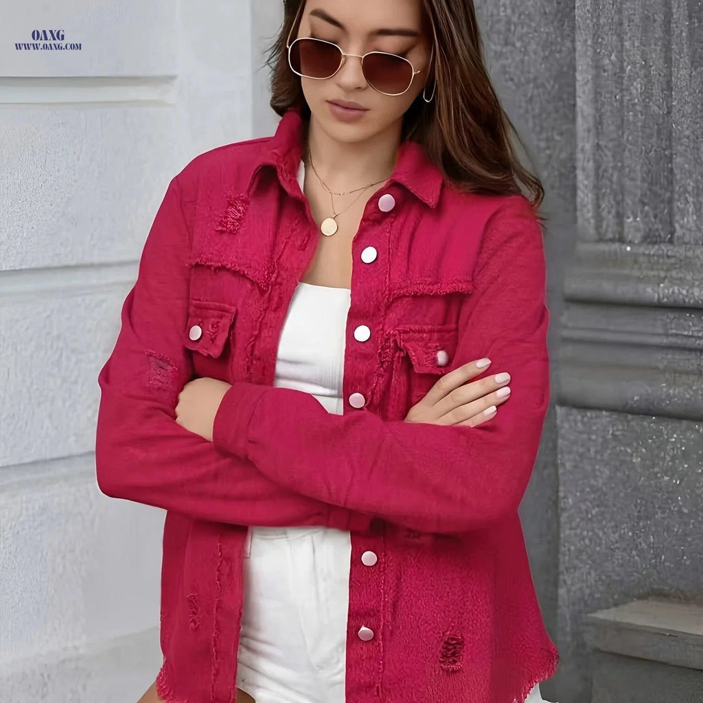 OAXG Vintage Ripped Denim Work Shirt - Long Sleeve Casual Top   OAXG 