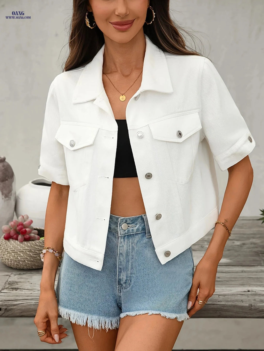 OAXG Vintage Slim Fit Denim Jacket - Short Sleeve, Elegant Style   OAXG 